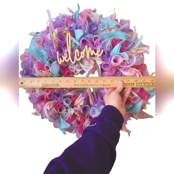 Blue, pink, purple mesh & ribbon Welcome Wreath Handmade by Me Approx 18 in - Picture 2 of 2